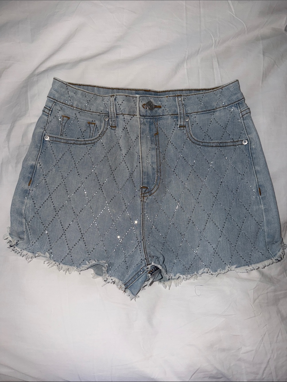 Vigoss Light Blue Diamond-Stitch Denim Shorts with Sparkle